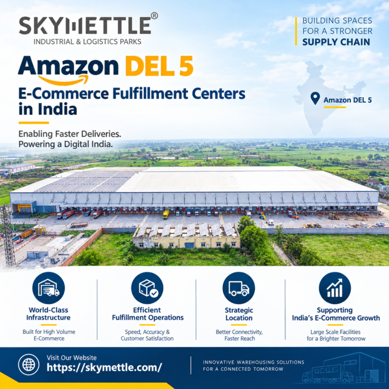 Amazon DEL 5, E-Commerce Fulfillment Centers in India, Skymettle, Grade A warehouse, Built-to-Suit, FM2 flooring, logistics park, Skymettle Infrastructure, Warehouse development India, Industrial warehousing Manesar, Fulfillment center construction, Commercial real estate India